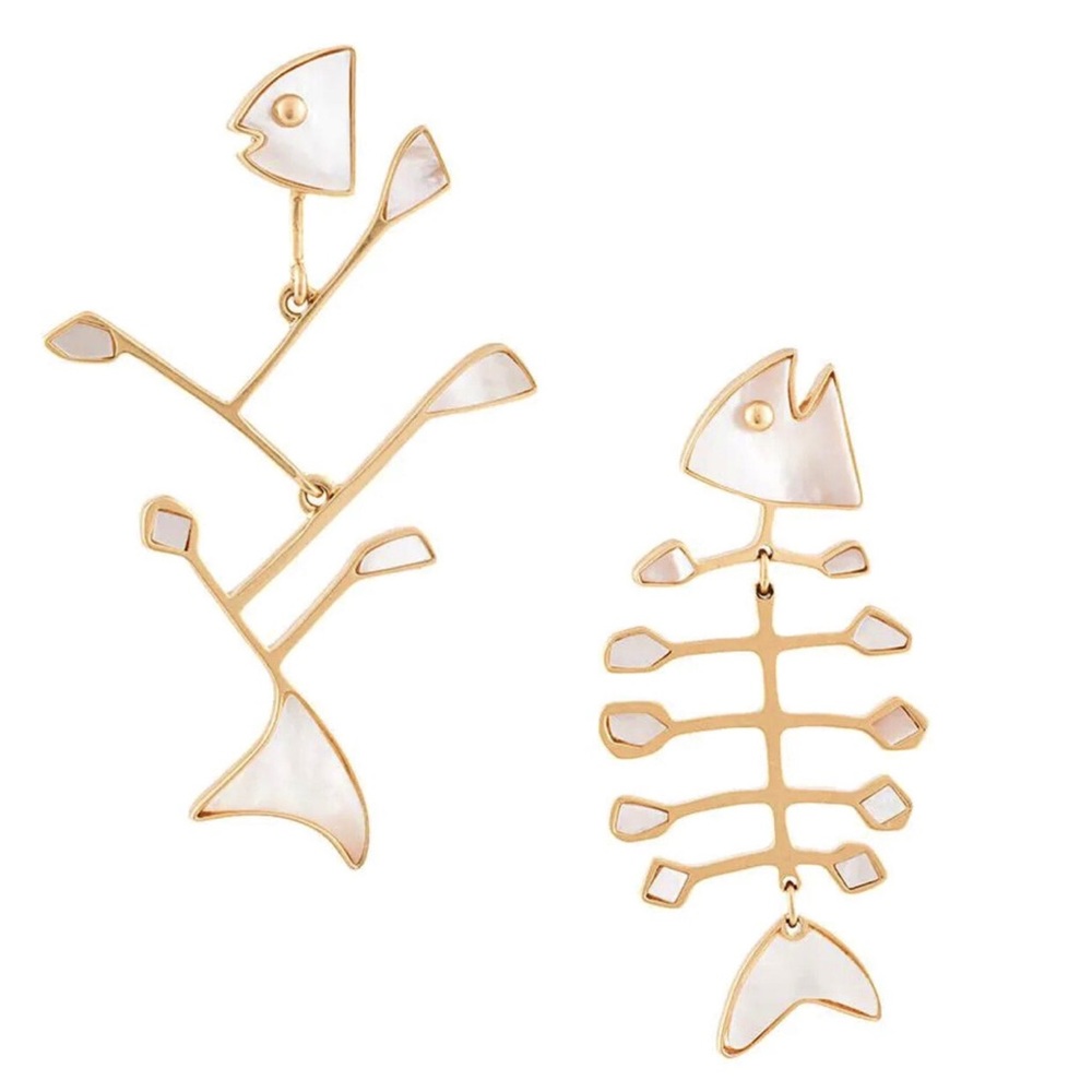 Tory Burch Natural MOP & Gold Mismatched Fish Drop Earrings